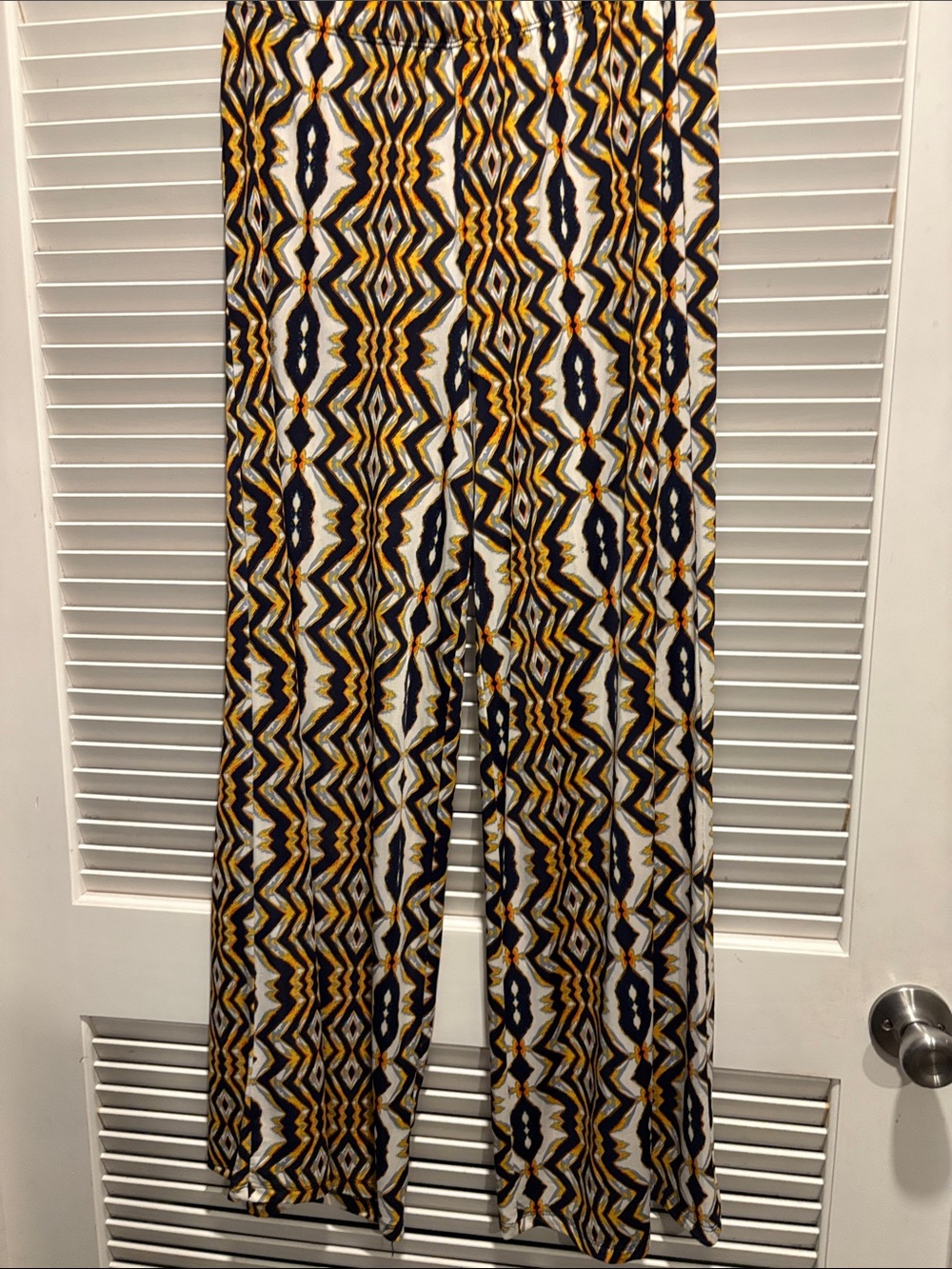 Say What? Women's Wide-Leg Printed Pants in White, Navy & Mustard